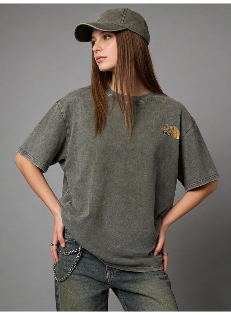 THE NORTH FACE 2026 The North Face retro washed unisex T-shirt, high-grade cotton loose short sleeves with gold logo, retro street clothes for men and women. - Image 2